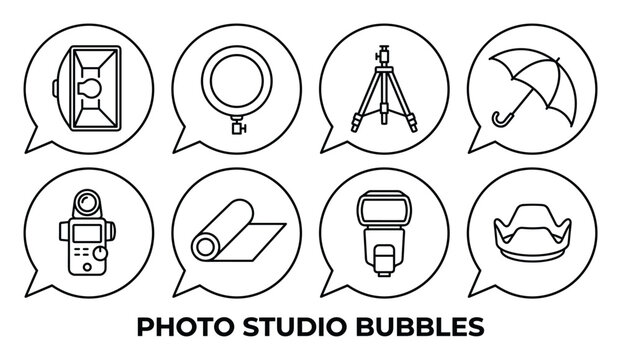 Photo studio equipment icons inside speech bubbles including softbox, ring light, tripod, umbrella, light meter and more.