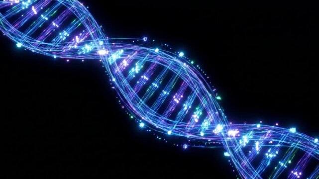 暗闇で発光してデジタルデータを書き換えるDNA二重らせんの抽象的なループ背景