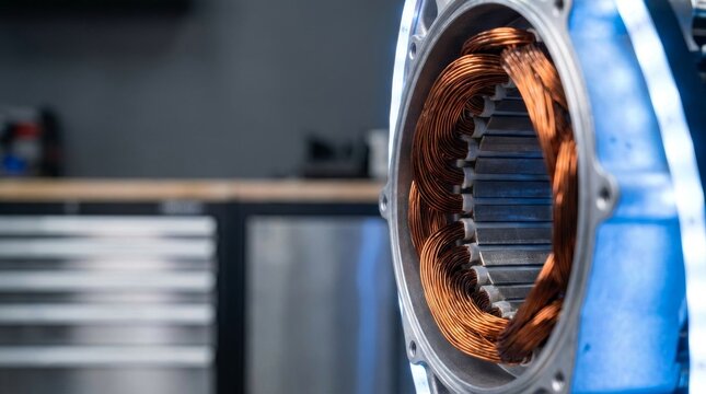 Electric Motor Stator with Copper Windings Closeup.