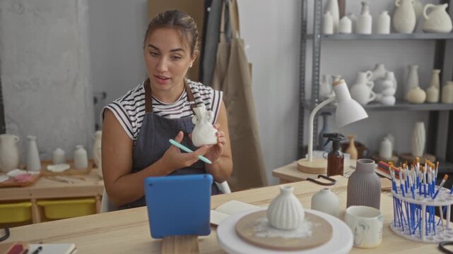 Woman holds ceramic vase and gestures with stylus toward tablet in pottery studio; creative concentration.