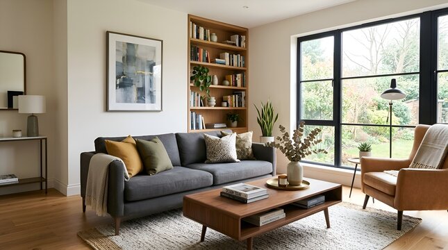 Modern living room interior with cozy sofa and wooden furniture