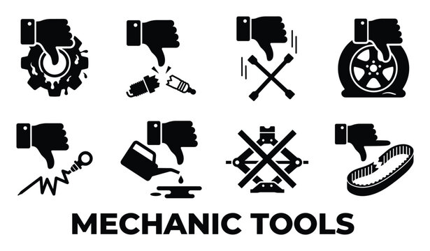 Thumbs down mechanic tools negative icons for car repair breakdown problem failed vehicle parts vector.