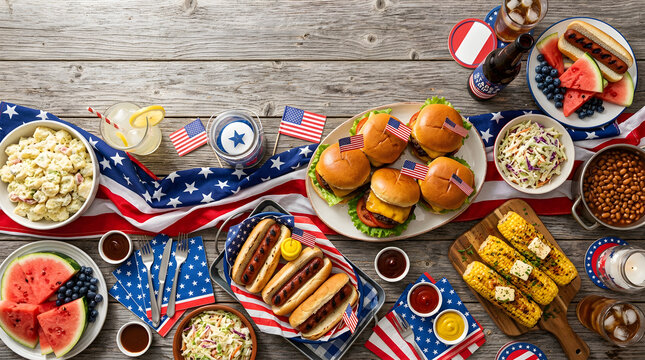 Summer picnic spread with grilled meats, fresh fruits, and patriotic table setting outdoors