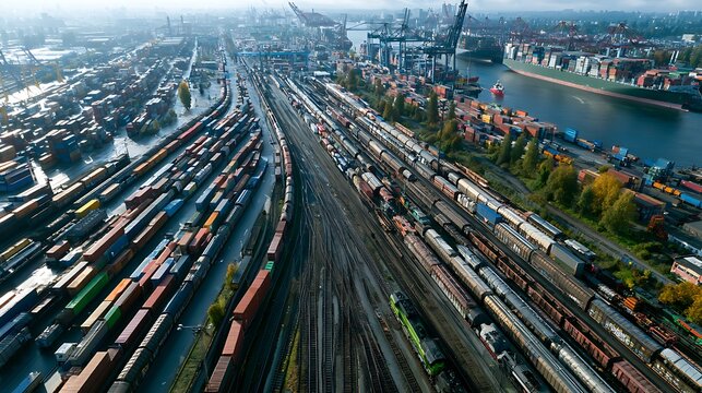 intermodal freight terminal where trucks meet trains meet ships, aerial view, complex logistics infrastructure, realistic photography, supply chain hub, 8k 