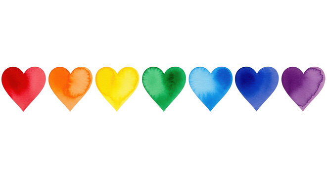 seven highly detailed watercolor hearts in a rainbow gradient (red to violet) on a transparent background, wet-on-wet technique, vibrant saturation. concept of love, pride, and diversity