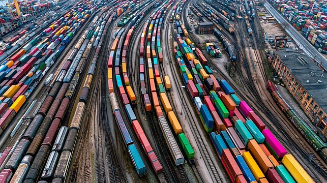 intermodal freight terminal where trucks meet trains meet ships, aerial view, complex logistics infrastructure, realistic photography, supply chain hub, 8k 