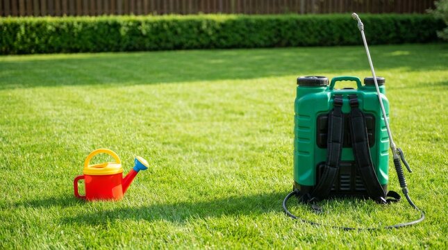 Garden care equipment with a plastic watering can and a green backpack sprayer on a green lawn.