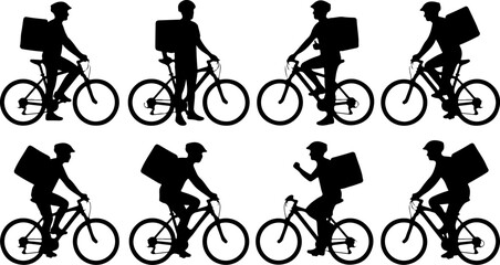 Obraz premium Set of delivery man silhouettes riding bicycles with food delivery backpacks vector illustration