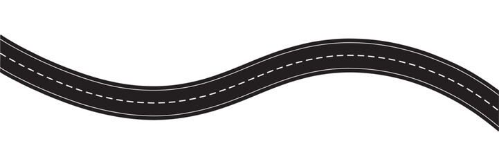 Naklejka premium Winding Asphalt Road Vector with White Dashed Line Markings Top View Curved Highway Lane for Transportation and Traffic Concepts