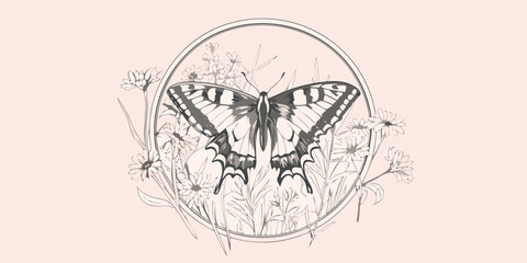 Butterfly floral emblem a grayscale vector illustration on a pale background © Sabuj