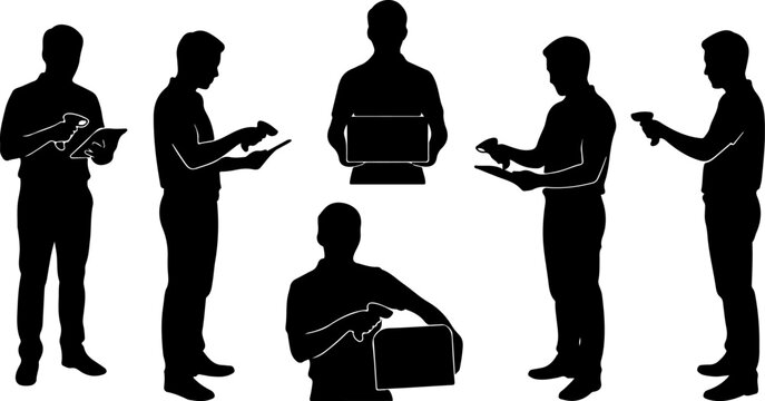 Set of warehouse workers silhouettes with barcode scanners and boxes vector illustration