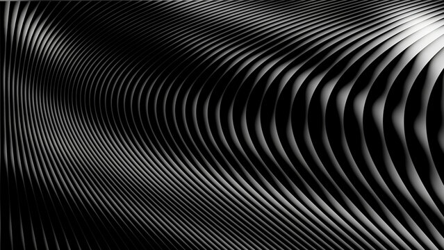 Abstract monochrome background featuring rhythmic flowing waves and smooth metallic curves creating a dynamic three dimensional depth effect for modern graphic design projects