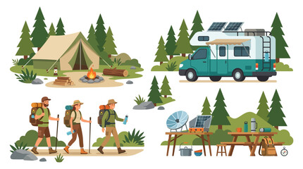 Naklejka premium Eco Camping Sustainable Wilderness Vector Bundle featuring Camper Van and Solar Cooker Icons Designed for Customizable Textless Adventure Branding