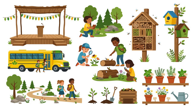 School Eco Camp Nature Education Vector Bundle featuring School Bus and Kid Explorer Icons Designed for Customizable Textless Educational Branding