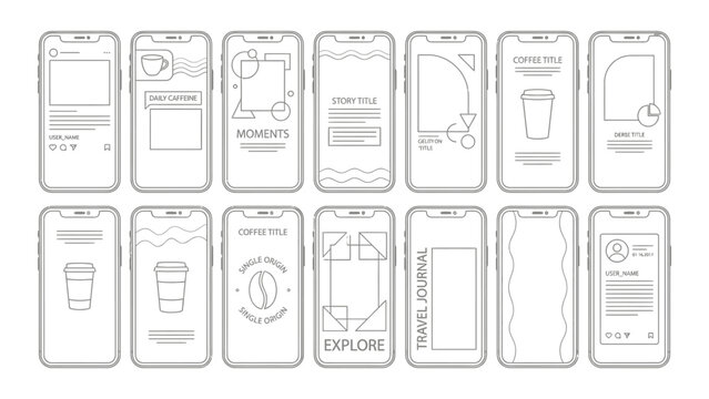 Mobile app ui wireframe templates featuring social media story layouts and coffee themed design elements