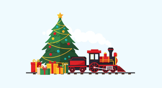 Flat vector illustration of a vintage red and black toy steam train on tracks passing by a decorated green Christmas tree with a star topper and multiple colorful wrapped gift boxes.