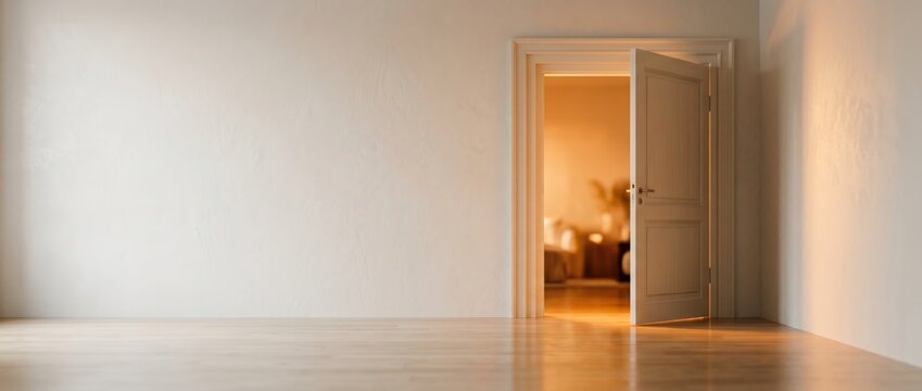 Empty Room with Open Doorway Leading to Warmly Lit Interior Space.