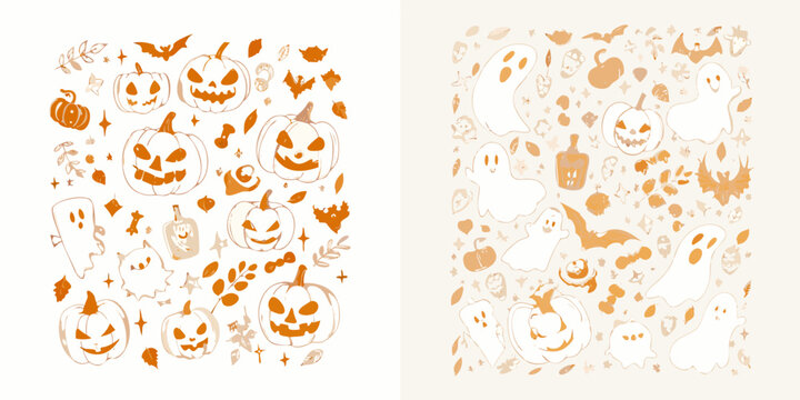 Halloween Jack o lanterns And Ghosts Pattern Orange And White Tones