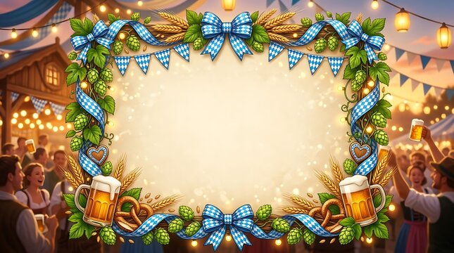 Oktoberfest Celebration Frame with Beer Mugs and Festive Decorations.