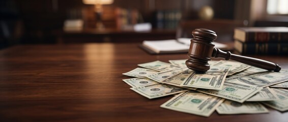 Obraz premium Gavel and Money on Wooden Desk Representing Legal Financial Matters.