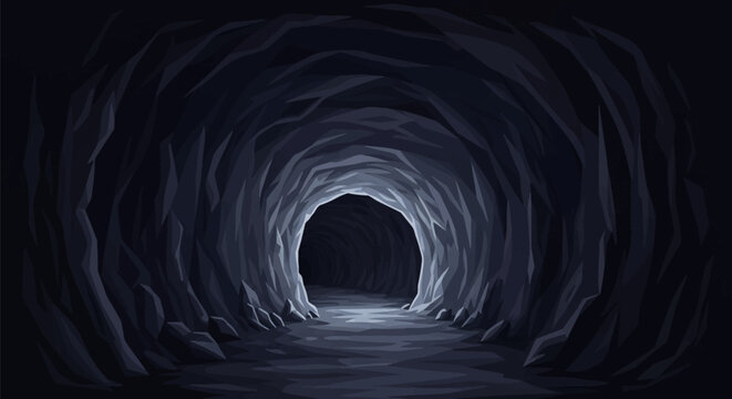Stylized vector illustration of a dark underground cave tunnel with jagged rock walls and a floor leading into a deep cavern illuminated by a faint light source from inside.