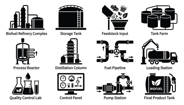 Biofuel refinery plant layout and fuel storage station infrastructure elements flat vector design.