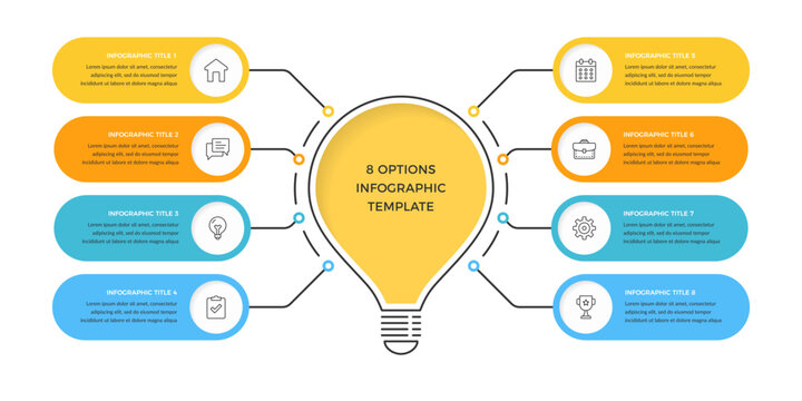 infographic template featuring a central lightbulb design with eight labeled sections suitable for creative presentations, project planning, or data visualization workflows