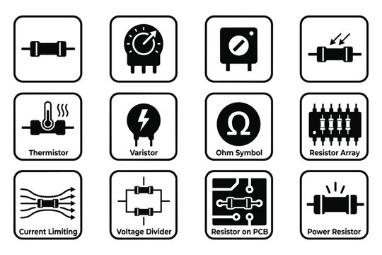 Set of electronic resistor symbols including thermistor varistor and resistor array vector.