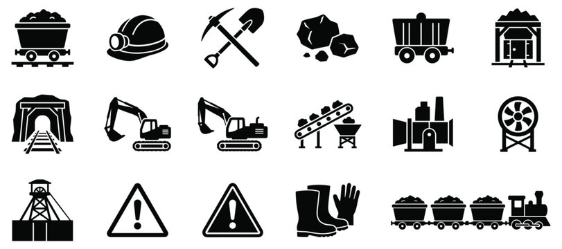 Mining industry objects and equipment vector collection industrial tools and safety gear.