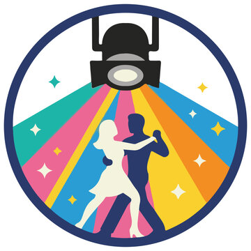 Graphic illustration of a dancing couple under a bright stage spotlight with spotlight, performance
