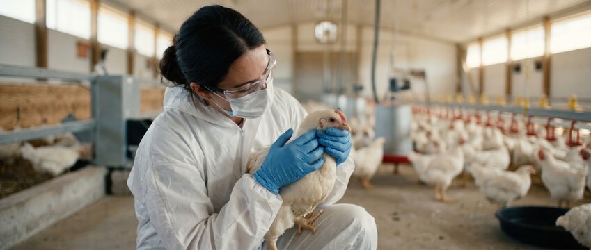 Veterinarian Inspecting Chicken in Poultry Farm for Health and Welfare.