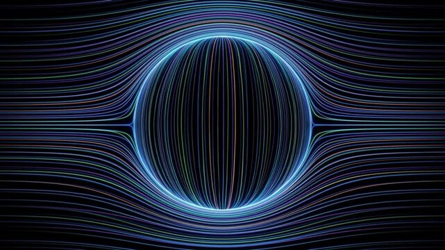 暗闇で直線の磁力線が球体を避けて曲がる超伝導マイスナー効果の抽象的なループ背景