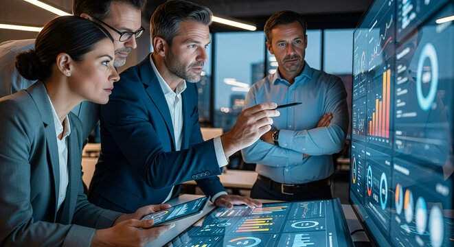Business Team Analyzing Data on Monitor Screen