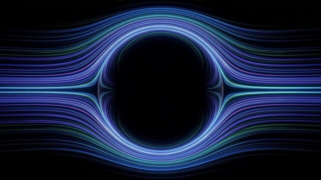 暗闇で直線の磁力線が球体を避けて曲がる超伝導マイスナー効果の抽象的なループ背景