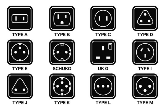 International power socket types vector illustration with universal electrical plug outlet standard.