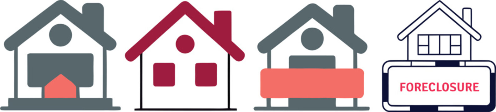 Foreclosure house icons set in outline and solid styles with housing market property and home