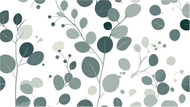 Fresh eucalyptus and round leaf seamless pattern with soft green botanical sprigs on white background, minimal and elegant design for wedding stationery, textile, and home decor.