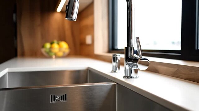 Modern chrome faucet and stainless steel double sink in a minimalist kitchen with white countertops and wooden backsplash