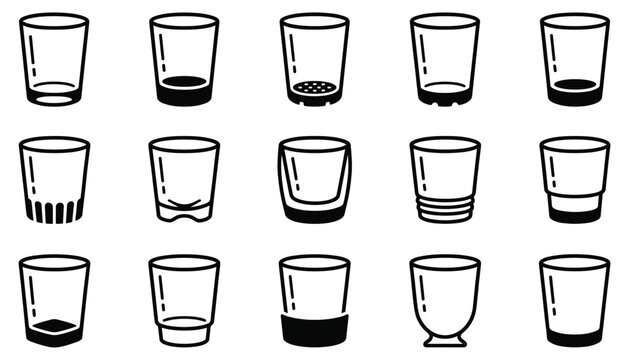 Shot glass vector illustration icon set empty and partially filled clear glass drinkware design.