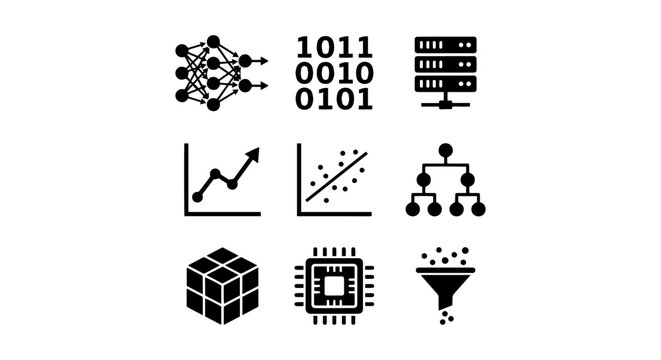 Data analysis icon set, black solid, white background