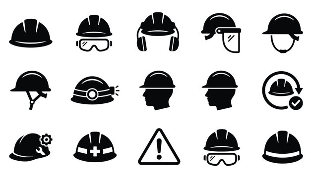 Safety helmets and protective headwear vector illustration set.