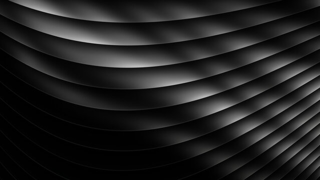 Abstract black background with smooth wavy metallic curves and soft gradient lighting for modern minimalist design projects featuring elegant flowing lines and a sophisticated dark surface texture