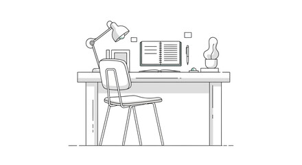 Fototapeta premium Minimalist desk setup with lamp, notebook, and chair, clean line art illustration