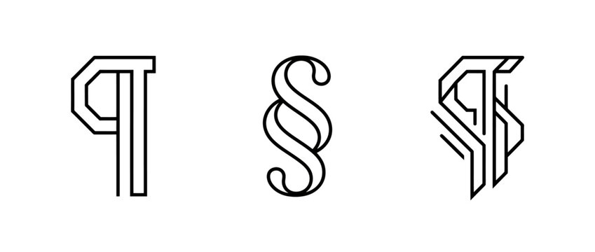 Monogram letters p s and f in different typographic styles on white background