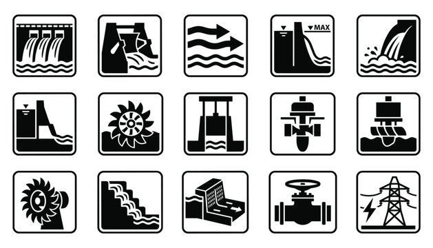 Dam hydropower infrastructure icons flat vector illustration set for water energy project plans.