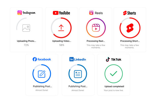 Instagram, YouTube, Reels, Shorts, Facebook, LinkedIn and TikTok upload progress widgets and publishing status UI kit