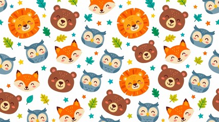 Fototapeta premium Cute cartoon woodland animal faces childish seamless pattern
