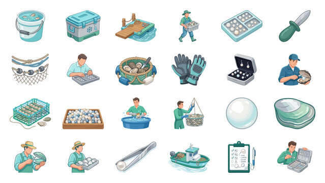 Pearl Farming Equipment and Labor Process Icons Set