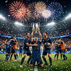Naklejka premium Soccer team celebrating victory with trophy and fireworks
