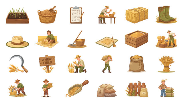 Wheat Farming Agriculture Icons Collection Celebrating Harvest and Agricultural Work
